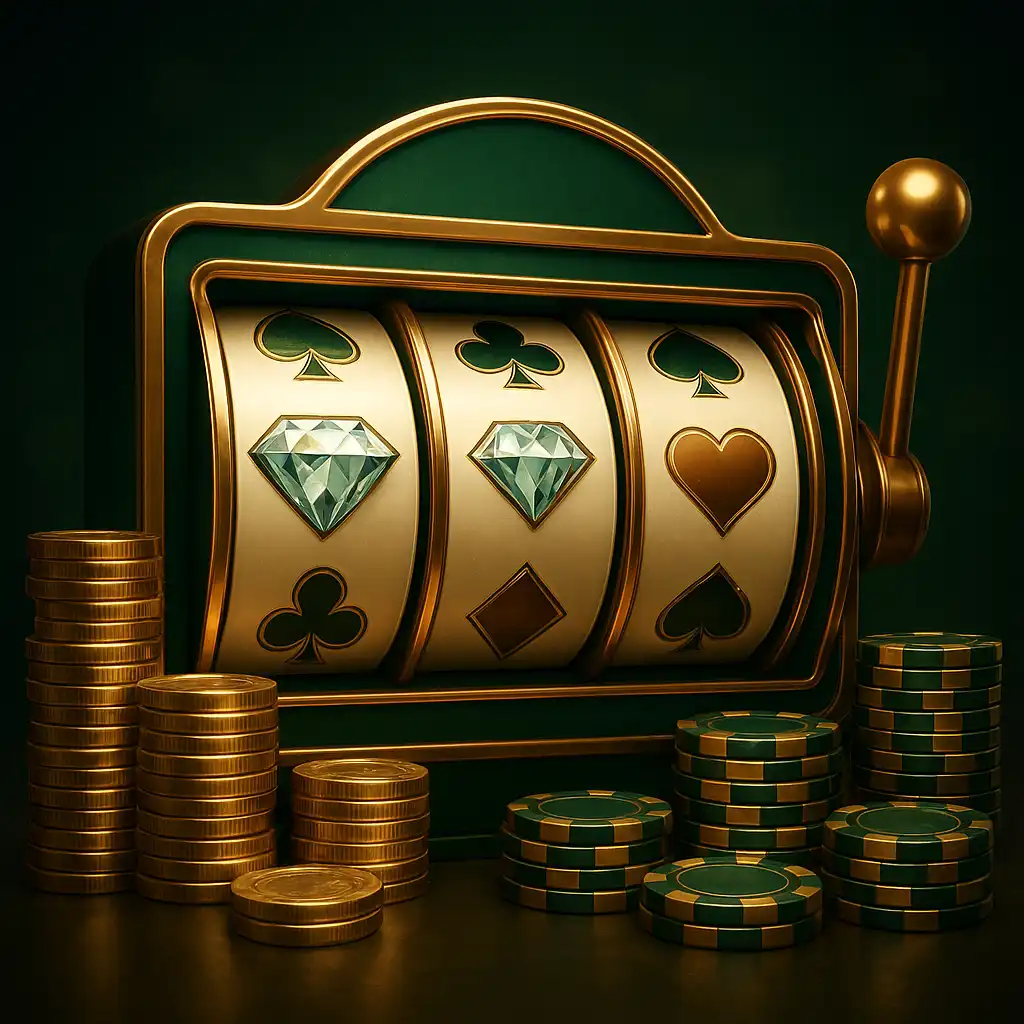 Elegant emerald and champagne themed casino illustration with slot reels and chips