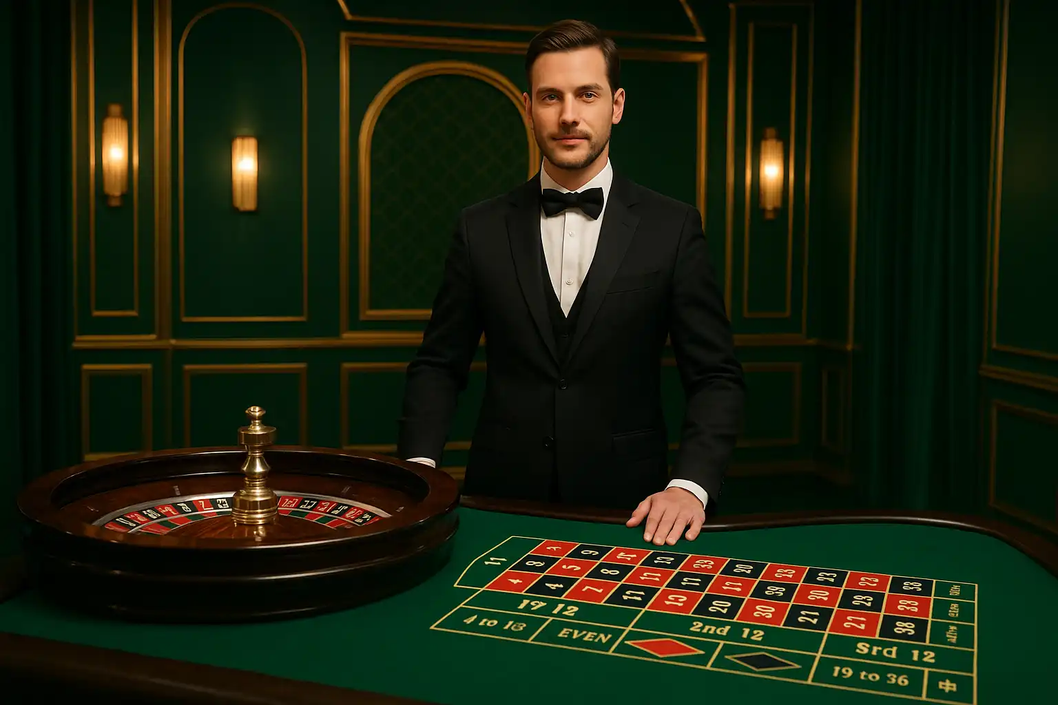 Live dealer running a roulette table in an elegant studio