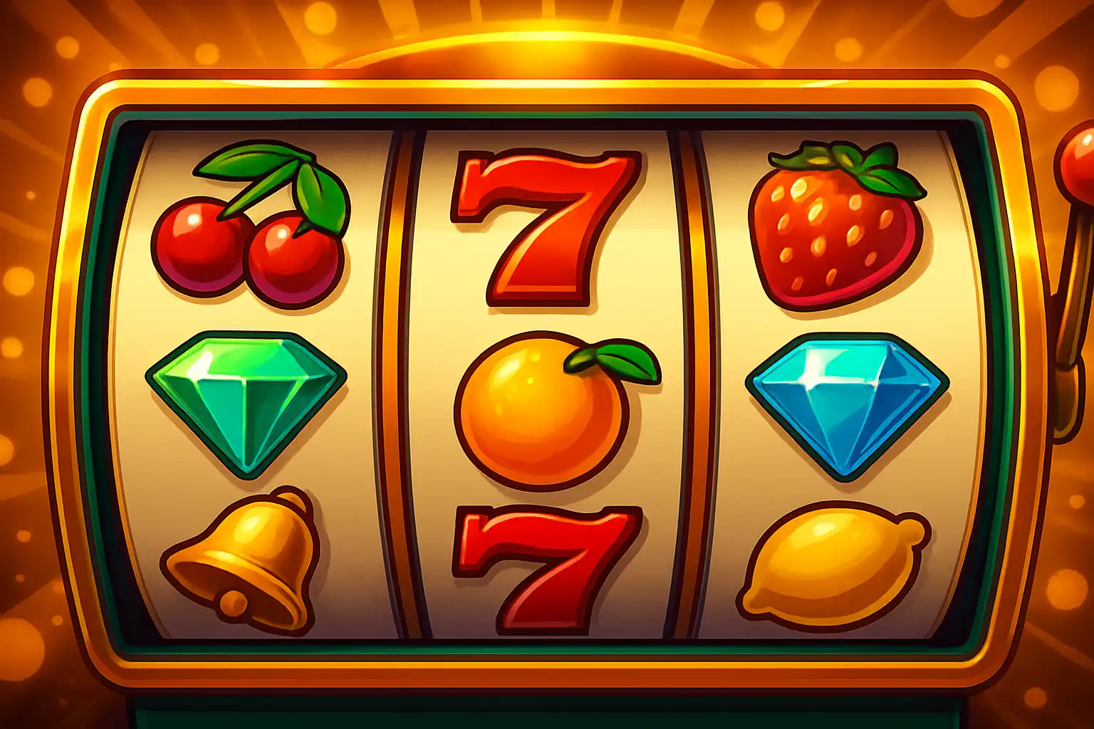Colourful slot machine reels with fruit and gem symbols