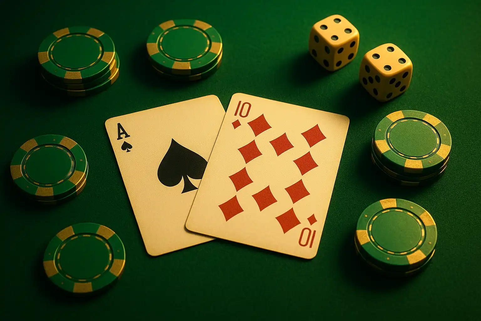 Green baize blackjack and roulette table games arrangement